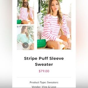 VINE & LOVE HALSTON STRIPE PUFF SLEEVE SWEATER - SZ L NWT